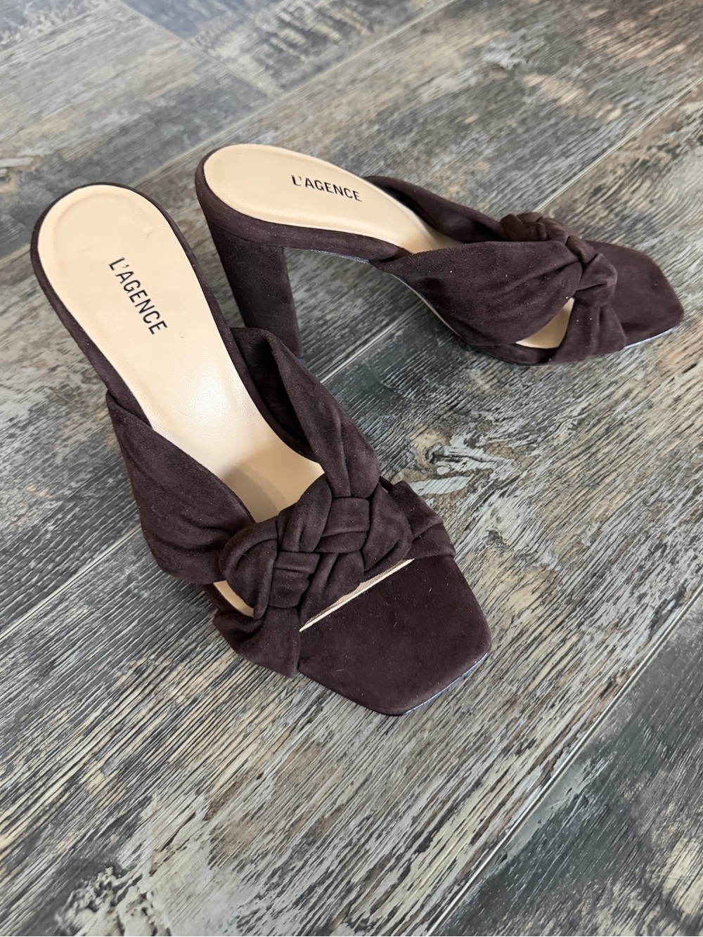 NWOT L'AGENCE Women's Brown Suede Knotted Block Heel Mules